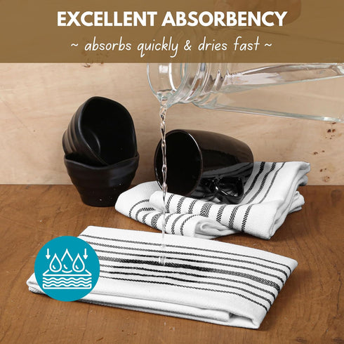 12 Pack 16"x26" Native Fab Black Stripe Kitchen Towels Herringbone Scandia Weave - Super Absorbent Cotton Dish Towels
