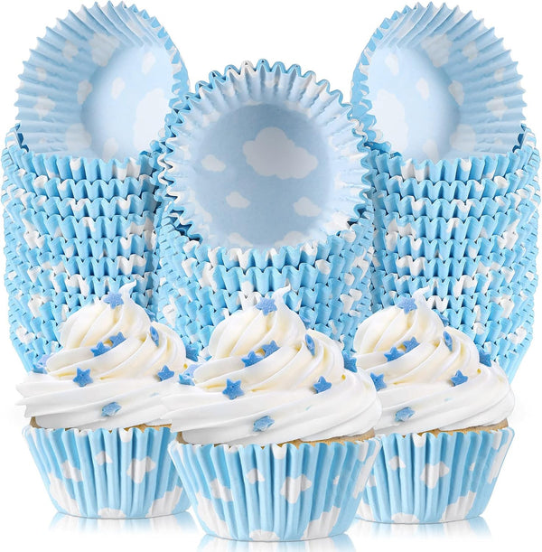 300 Count Cloud Blue Cupcake Liners, White Light Blue Cupcake Wrappers for Birthday Theme Party Baking