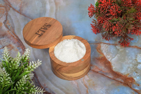 Acacia Wood Round Condiment Pot with Magnetic Swivel Lids, "Salt" Engraved for Kitchen Countertop, 3.5” x 3.5” x 2.5”