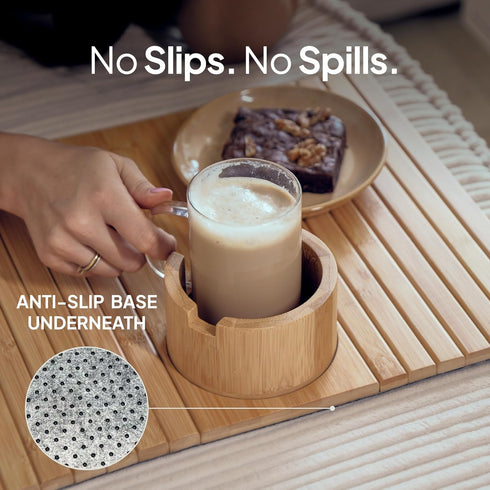 THE LAZY STORE Bamboo Couch Arm Tray for Drinks and Snacks with Detachable Cup Holder and Anti Slip Base, Foldable Sofa