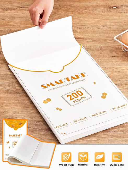 SMARTAKE 200 Pcs Parchment Paper Baking Sheets, 9x13 Inch Non-Stick Precut Baking Parchment