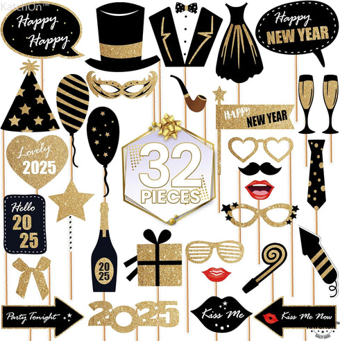 KatchOn Glitter New Years Photo Booth Props 2025 - Pack of 32 for New Years Eve Party Supplies and Decorations