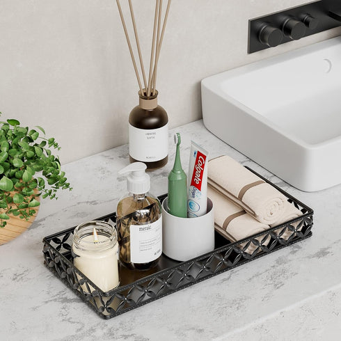 EKNITEY Vanity Tray for Bathroom Counter - Small Rectangle Decorative Tray 11 Inch Black Batroom Countertop Tray Organizer for Perfume Makeup Cosmetic Jewelry by EKNITEY