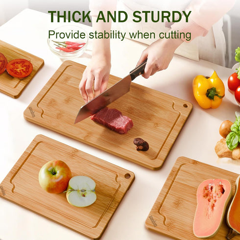 4-Piece Set Bamboo Cutting Boards for Kitchen, Wood Cutting Board with Juice Grooves & Built-in Handles, Easy Storage