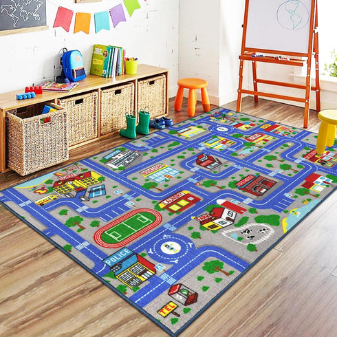 Capslpad Blue Car Road Kid Rug Carpet Playmat for Playoom Traffic Road