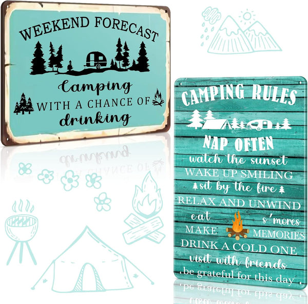Moxweyeni 2 Pcs Camping Decor for Camper, Rustic Funny Camping Rules Metal Tin Sign for Inside Outside Wall Art