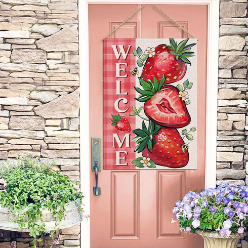 Welcome Spring Summer Strawberry Decorative House Flag, 28 x 40; Red Fruit Plaid Check Farmhouse Garden Yard Outside