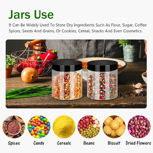 SLifeJars 24 Pack 8oz Plastic Jars with Lids, Clear Stackable Round Empty Jars with Black Lids for Kitchen Storage,
