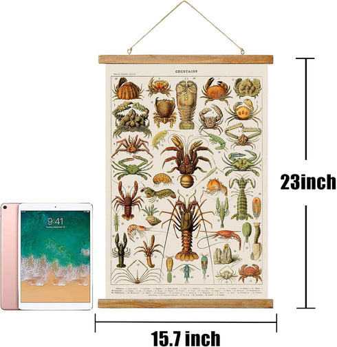 Ovfovy Vintage Crab Poster, Rustic Room Aesthetic, Retro Wall Art Prints Without Fading, Printed on Linen with Wood