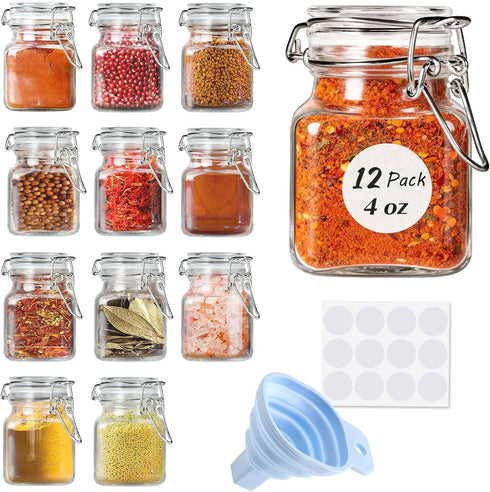 SPANLA Spice Jars, 12 Pack 4oz Small Glass Jars with Airtight Hinged
