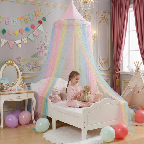 Rainbow Bed Canopy for Girls,Shiny Kids Princess Round Dome Bed Curtain with Star Moon Glitter,Kids Crib Canopy Play