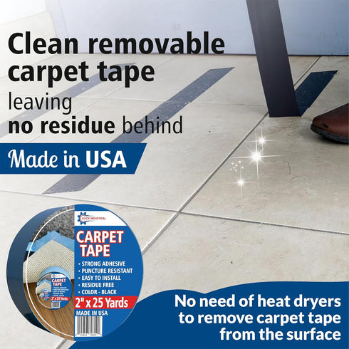 Carpet Tape, Double Sided Rug Tape, Secure Rugs to Floors, Removable, No Damage, Black, 2" x 25 Yard
