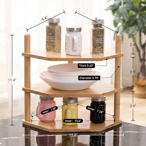 3 Counter (1, 3Tier-3.9" Tier Expandable Bamboo Corner Shelf - Dish/Plate Organizer for Cabinet, Kitchen Shelf & Small