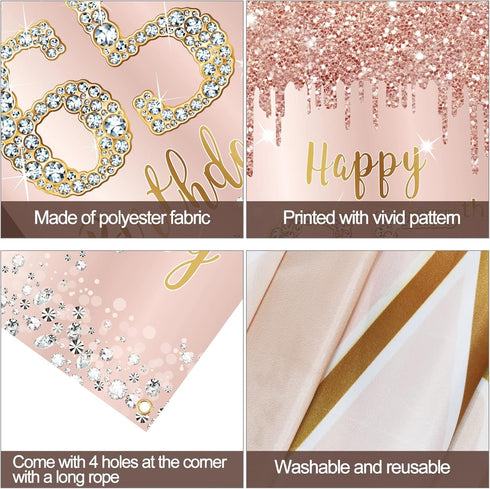 65th Birthday Decorations Door Banner for Women, Pink Rose Gold Happy 65 Birthday Backdrop Party Supplies