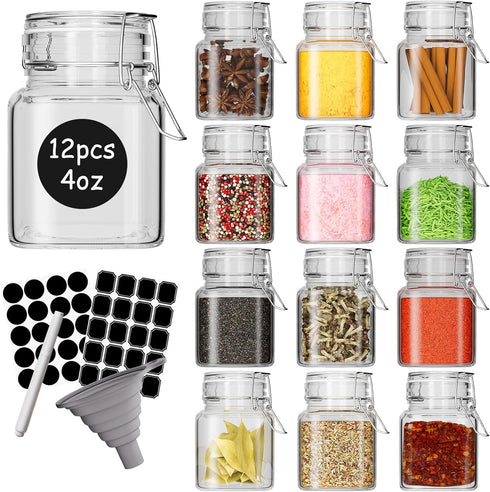 DHSBTLS 4oz Mini Square Spice Jars, 12 Pack Glass Mason Jars with Airtight Lid for Spices & Food Storage