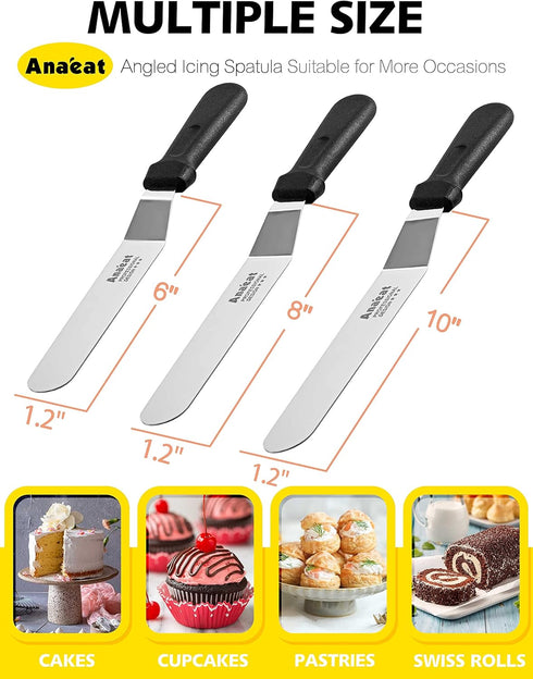 Anaeat Icing Spatulas, Set of 3 Professional Cake Angled Offset Spatula with 6", 8", 10" Stainless Steel Blades