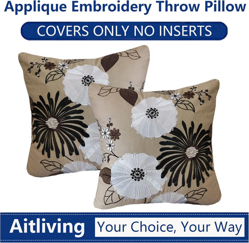 Aitliving 2PCS Pack 18X18 County Decorative Pillow Cover Couch Throw Pillowcase Black/White/Brown Blooming Flower