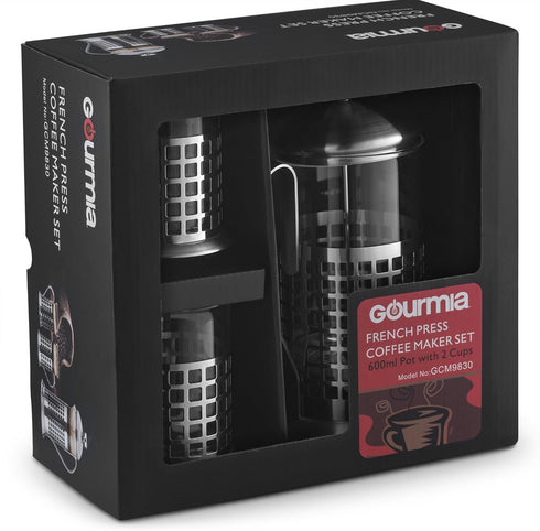 Gourmia GCM9830 French Press Coffee Maker Set - 600 ml Brewer with 2 Matching Stainless Steel Drinking Cups