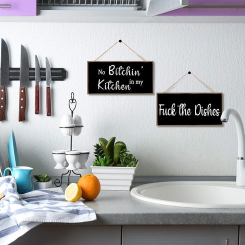 Jetec 2 Pieces Funny Kitchen Signs, No Bitchin in My Kitchen Rustic Wooden Wall Art Decoration, 10 x 5 Inch (Stylish)