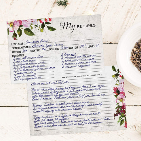 Vintage Floral Favorite Recipe Cards / 50 Pack Double Sided Cooking Ingredients Note Cards / 4" x 6"