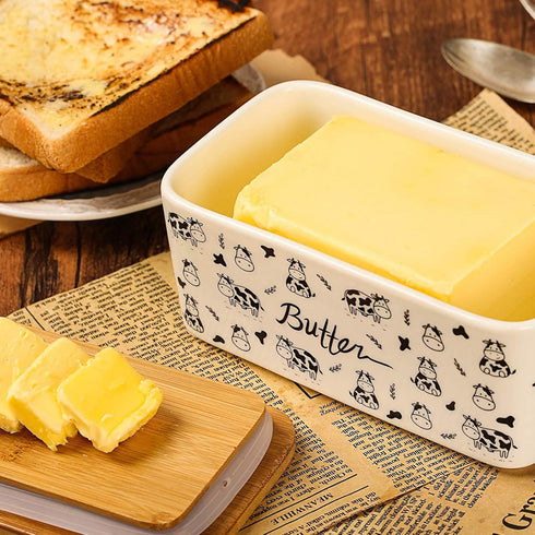 2 porcelain butter dish with lid, Natural bamboo lid, seal included for airtight butter dish, butter holder easily fits