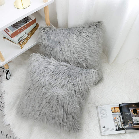 WLNUI Set of 2 Light Grey Decorative Pillow Covers, Luxury Merino Style Faux Fur Fluffy Cushion Case