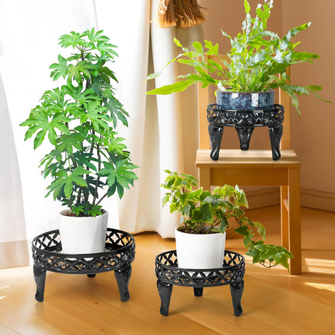 3 Pack Metal Plant Stands Indoor Outdoor, Heavy Duty Iron Flower Pot Stand for Multiple Plants, Rustproof Low Round