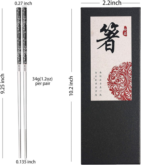 Stainless Steel Chopsticks - Titanium Plated Reusable Metal Chopsticks, Dishwasher Safe, 2 Pairs Gift Set Black Silver