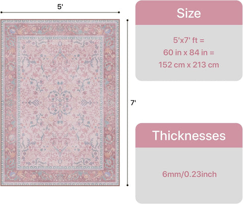5x7 Pink Area Rug Washable Rugs Floral Vintage Tumble Carpet for Living Room Bedroom Nursery Room Playroom Dining Room