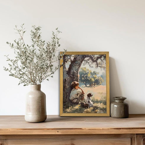 Yaneiro Countryside 12x16 inch Wood Framed Canvas Wall Art, Vintage Boy and Dog Painting Poster, Pastoral Landscape