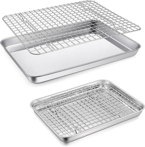 P&P CHEF 4 PCS Toaster Oven Pans Trays with Racks Set, Stainless Steel Small Baking Pan and Cooling Rack