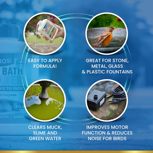 (16oz) ADIOS! Bird Bath Cleaner for Outdoor Fountains and Bowls, Safely Cleans Metal, Glass and Stone