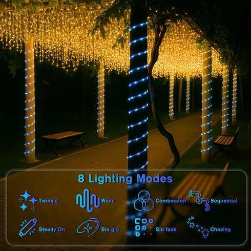 33FT 100 8 ANJAYLIA LED Solar Rope Lights Outdoor Waterproof, Solar Powered Rope String Lights with Modes for Outdoor