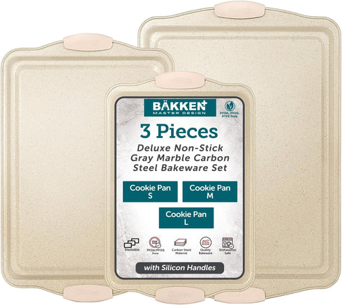 BAKKEN Deluxe Nonstick White Marble Baking Pans - 3-Piece Carbon Steel Bakeware Set