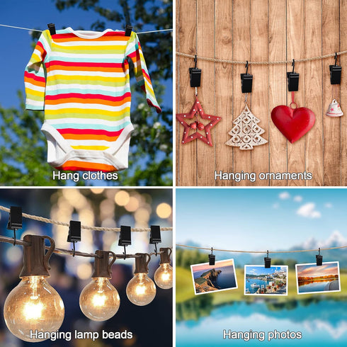 HOOSUN 50 Pack Stainless Steel Clip Hooks for Hanging, S Hook with Clip for Outdoor String Lights, Metal Clips