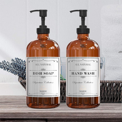 16 OZ Thick Amber Glass Soap Dispenser with Plastic Pump, 2 Pack, Hand and Dish Soap Dispenser Set with Labels