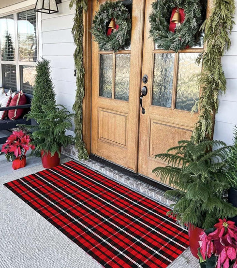 Christmas Outdoor Rugs 24 x 51'', Black Red Buffalo Plaid Hand-Woven Indoor/Outdoor Layered Door Mats