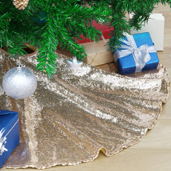 B-COOL Christmas Tree Skirt, 48 Inch Round Champagne Gold Sequence Xmas Tree Skirt, Personalized Home Decor