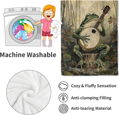 60x80in Banjo-Playing Frog Blanket Whimsical Woodland Throw Blankets with Musical Animal & Moonlit Swamp,Birthday Gifts