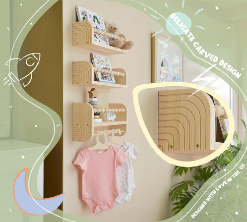 Set 3 CNK Nursery Floating Book Shelves for Wall Mounted of Book Shelf for Kids Room, Toddler Room, Baby Rooms Natural
