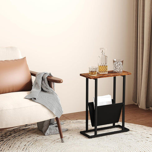 Yusong Narrow Side Table for Small Spaces, Small End Table with Magazine Holder, Skinny Slim Little Thin Table