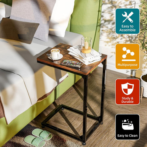 Simple Trending TV Tray, C Shaped End Table for Couch, Side Table with Metal Frame for Living Room, Bedroom, Rustic