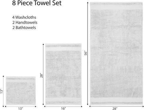 Ariv 8-Piece Towel Set, 2 Ply Ultra Luxury, 100% Combed Cotton, Large Towels for Home, Hotel, Gym, Spa - White