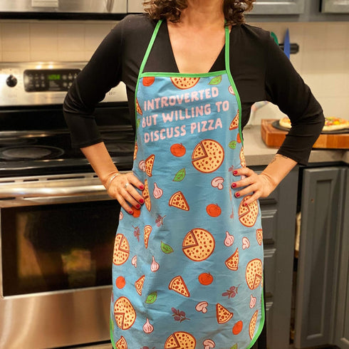 Introverted But Willing to Discuss Pizza Funny Graphic Kitchen Accessories, Cool Food Novelty Cookware Blue Oven Mitt