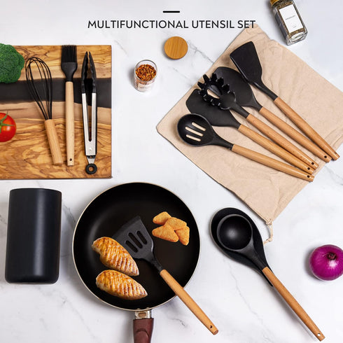 Kitchen Utensil Set, 13 pcs Non-Stick Silicone Cooking Utensils Spatula Set with Ceramic Holder, Black Holder