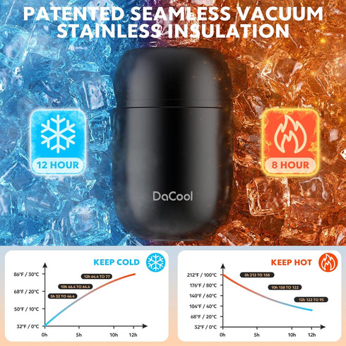DaCool Insulated Lunch Container, 16 oz Stainless Steel Vacuum Bento Hot Lunch Box for Kids, Black