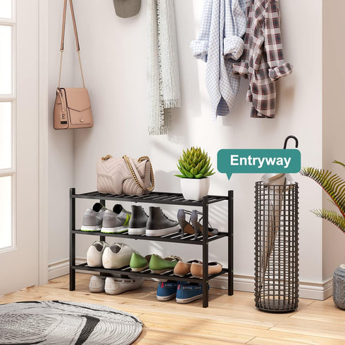 3-Tier Closet, viewcare Black Bamboo Shoe Rack for Entryway, Stackable | Foldable | Natural, Shoe Shelf Storage