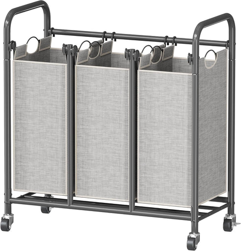 HOMEIJU 3-Bag Laundry Sorter, Laundry Hamper Cart with Heavy Duty Rolling Lockable
