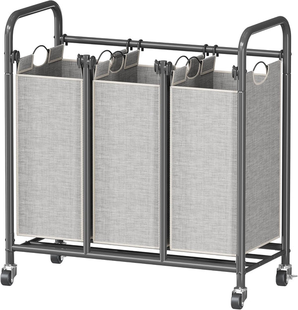 HOMEIJU 3-Bag Laundry Sorter, Laundry Hamper Cart with Heavy Duty Rolling Lockable