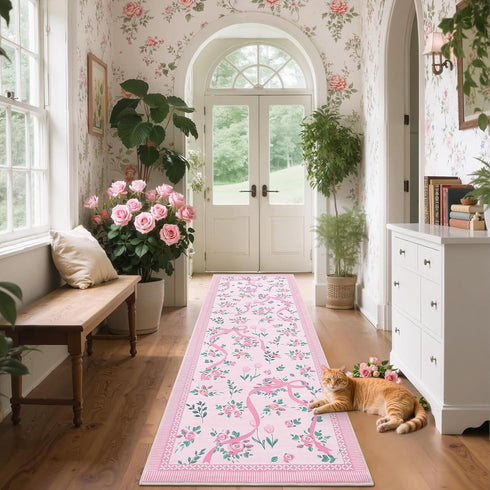 2.5x8 GarveeHome Runners for Hallways Non Slip, Kitchen Runner Rug Coquette Pink Rugs for Bedroom Girls, Low Pile Soft